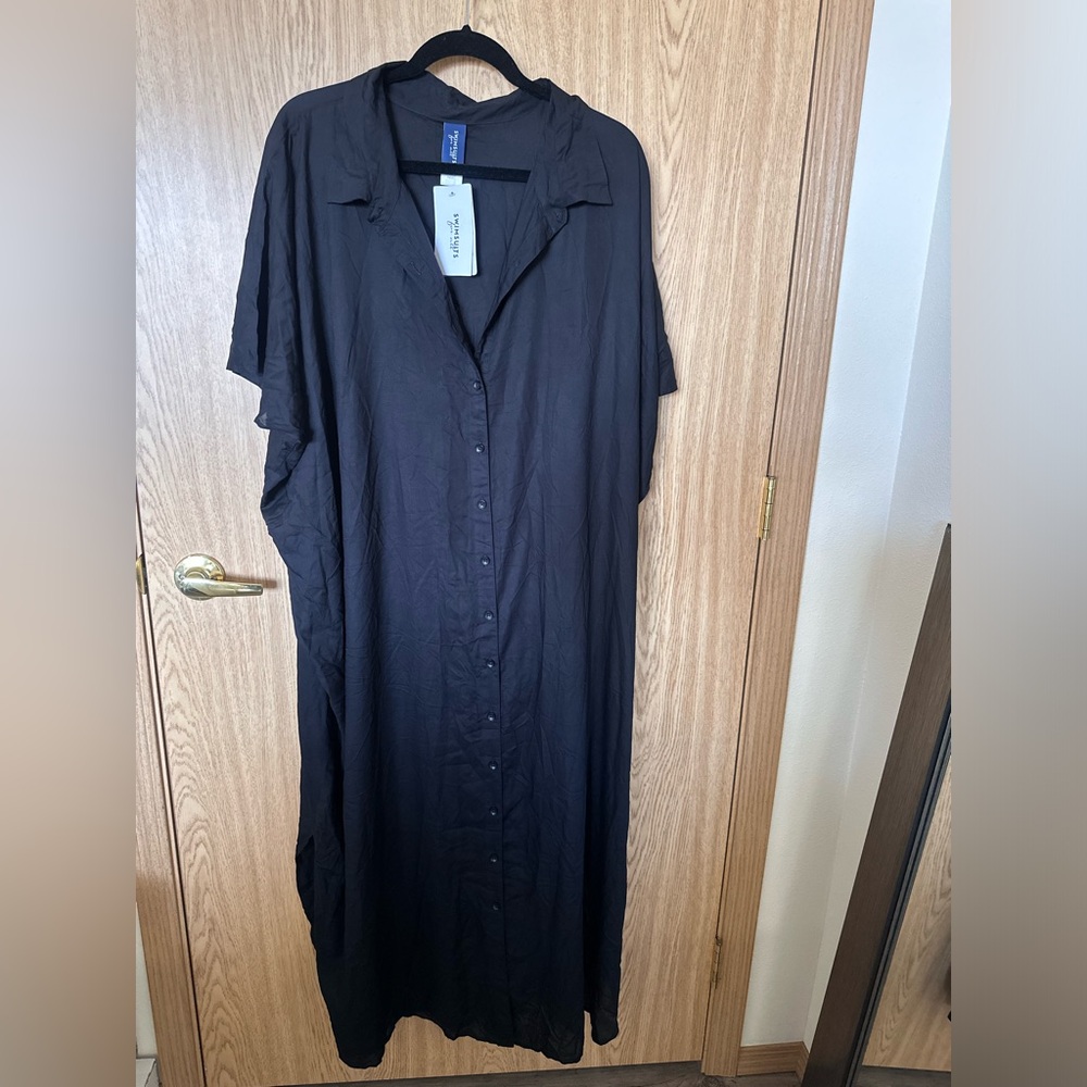 New Swim Suits For All Black Rayon Button-Down Throw On Cover Dress Womens 22/24